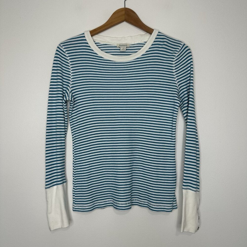 Sundance Striped Crewneck Thermal Top Size‎ S Blue White Waffle Knit